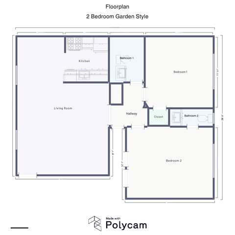 Floor plan for 2 beds, 1.5 baths, 1150 sqft